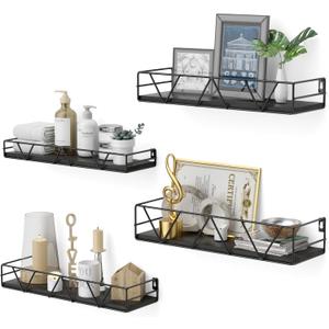 Amaoot Floating Shelves Set of 4, Home Wood Wall Shelf, Farmhouse Shelf for Bedroom, Wall Mounted Floating Shelf for Living Room, Bedroom, Bathroom, Kitchen, Office (Black)