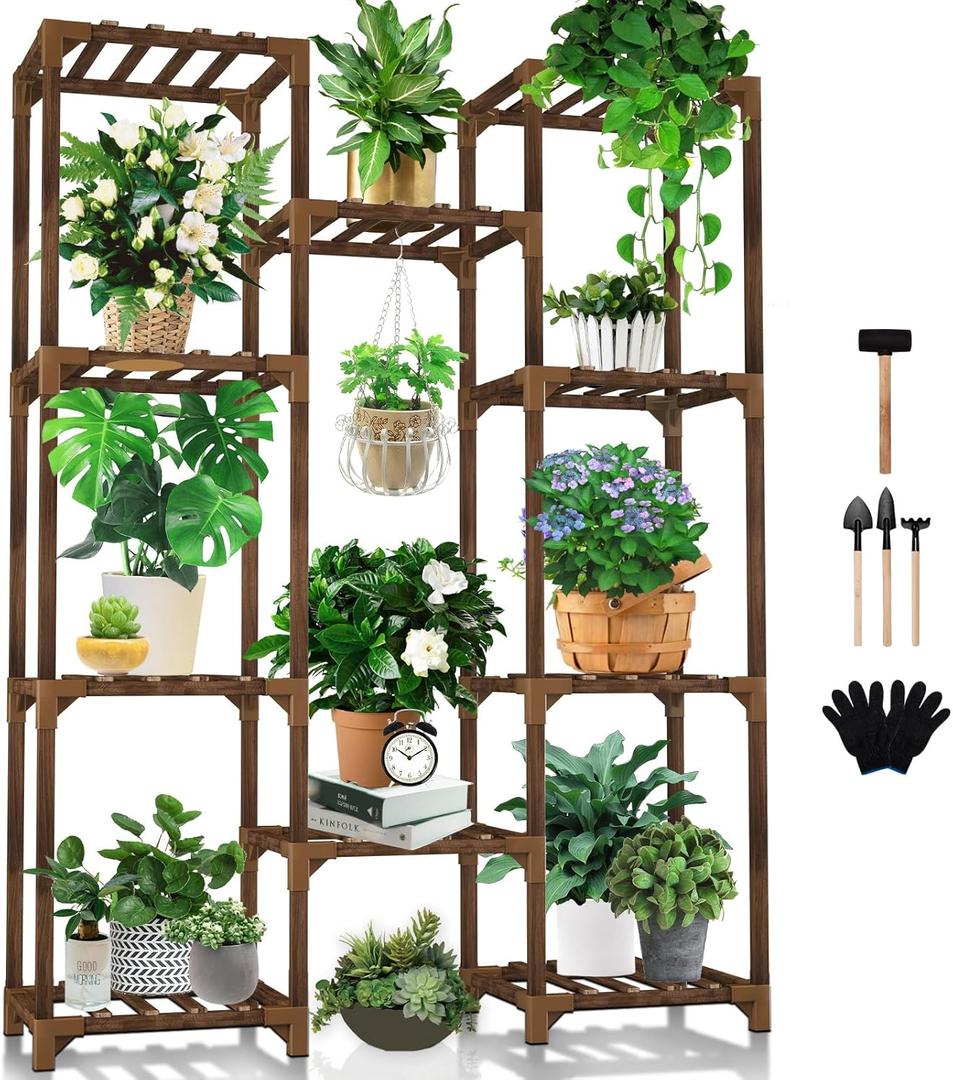 Uneedem Tall Shelf Stand Indoor Outdoor for Multiple Plants, 10 tiers 11 Pot Wood Plant Holder Rack for Room Corner Balcony Garden Patio Brown Large