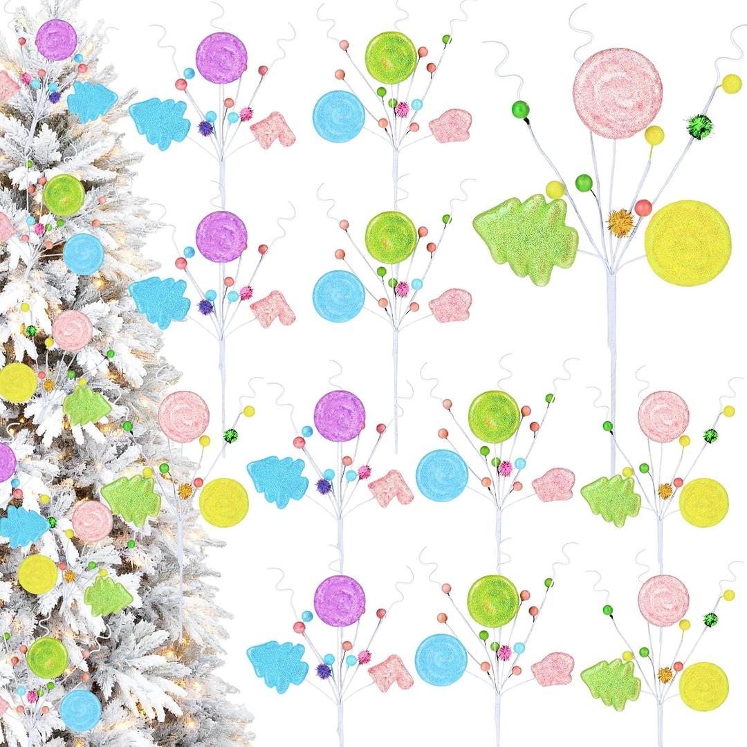 12 Pcs Christmas Tree Ornaments Candy Land Macaron Lollipop Pastel Christmas Tree Toppers Picks Filler Decorations for Wreath Vase Home Party Candyland Decor