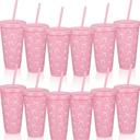20 Pcs 24 OZ Pink Bow Plastic Cups Bulk Drinking Cups with Straw and Lid for Summer Women Office Cold Drink Wedding Birthday Party Supply New Year Gifts