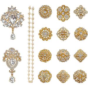 Yhsheen Rhinestone Brooches Crystal Brooch Pins, Pearl Crystal Wedding Bouquet kit Set (Gold-14pcs)