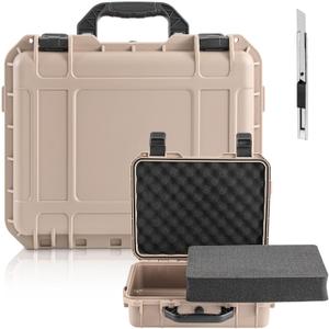 1 Pcs 14.3 x 11.4 x 4.5 Inch Waterproof Hard Case with DIY Customizable Foam Insert Portable Protective Case with Knife for Camera Drones Equipments Tools Test Instruments (Tan)
