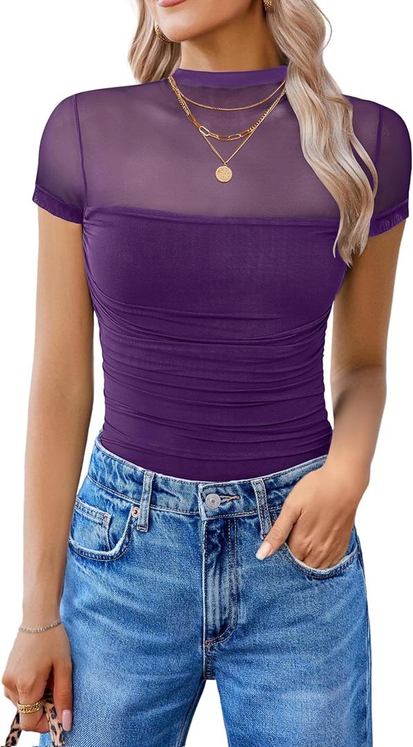 Avidlove Women's Short Sleeve Bodysuit Turtle Neck Body Suits Mesh One Piece Leotard Going Out Tops Date Outfits (Dark Purple, Small)