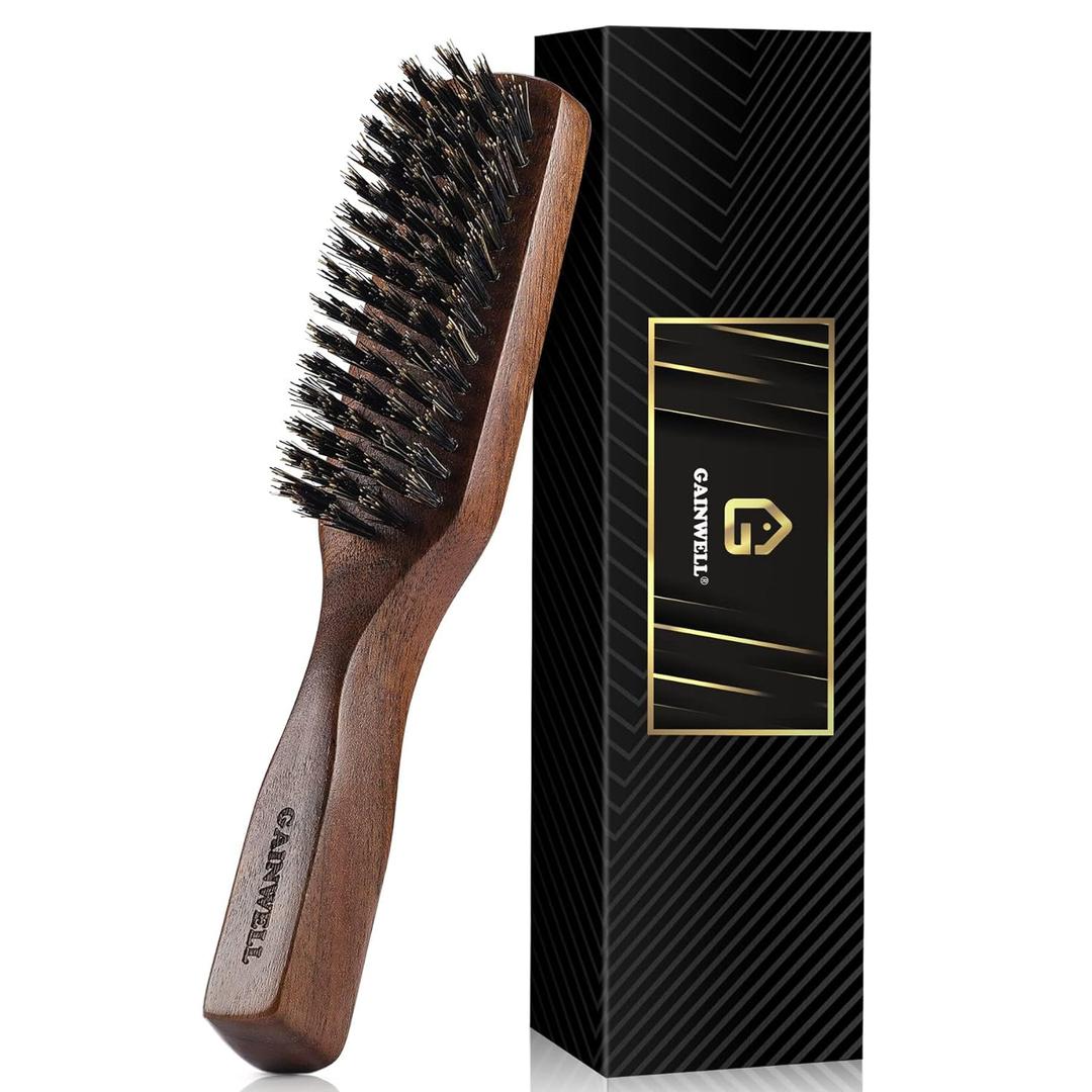 Mens Wild Boar Bristle Hair Brush for Men - Slick Back Hair Brush - Stiff Bristles for Thick Hair, Natural Black Walnut Wooden Handle Hairbrush, Beard Mustache Brush Comb by GAINWELL (Regular)