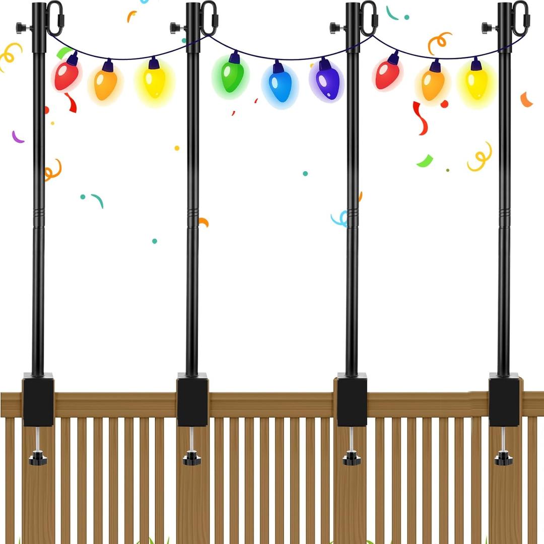 4 Pack Deck String Light Poles with Adjustable 3" Clamp, Outdoor Light Poles for String Lights Christmas Garden Backyard Deck Fence Railing Hanging Bird Feeders, Lanterns, Wind Chimes (63 Inch)