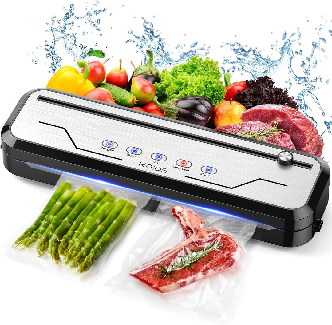 KOIOS Vacuum Sealer Machine with Starter Kit, One-Touch Operation | Built-in Cutter | Dry & Moist Modes | Compact Design | Vacuum Sealer for Food Preservation, Freezer Storage & Meal Prep (Silver)