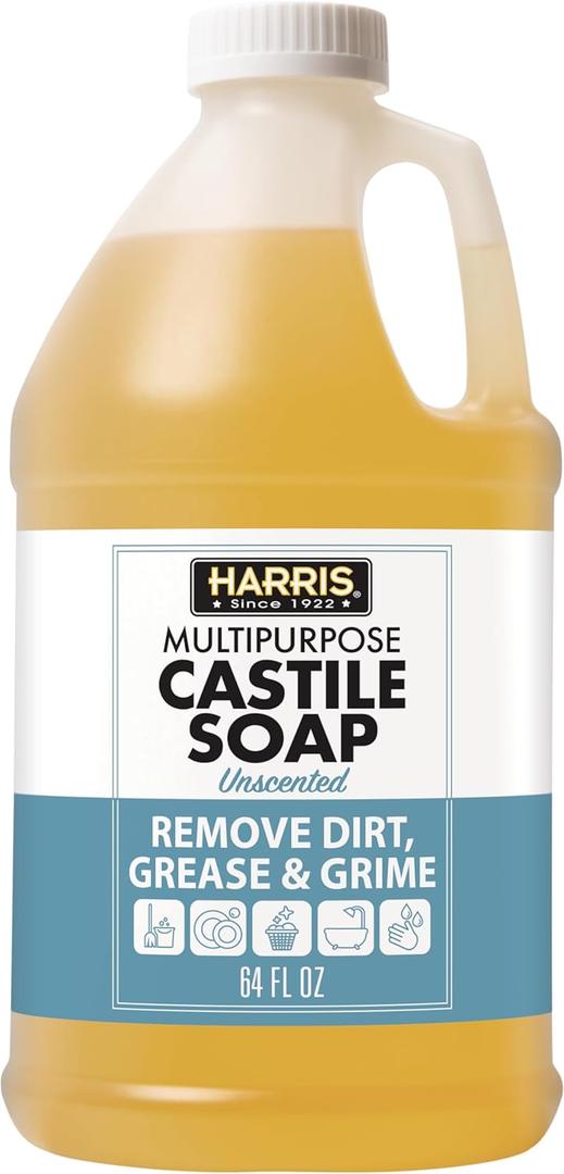 HARRIS Multi-Purpose Pure Liquid Castile Soap for Home Cleaning, Multi-Purpose Cleaner, For Dish Soap, Laundry Detergent, Kitchen and Bathroom Surfaces, Kids Rooms, Unscented, 64 Oz (64 Fl Oz (Pack of 1))