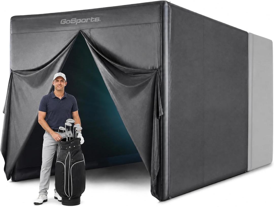 GoSports Commercial Grade Inflatable Golf Simulator Enclosure for Home - 12 x 9 ft Indoor & Outdoor Portable Hitting Cage with Golf Simulator Impact Screen - Includes Electric Pump and Storage Case, Blackout Extension