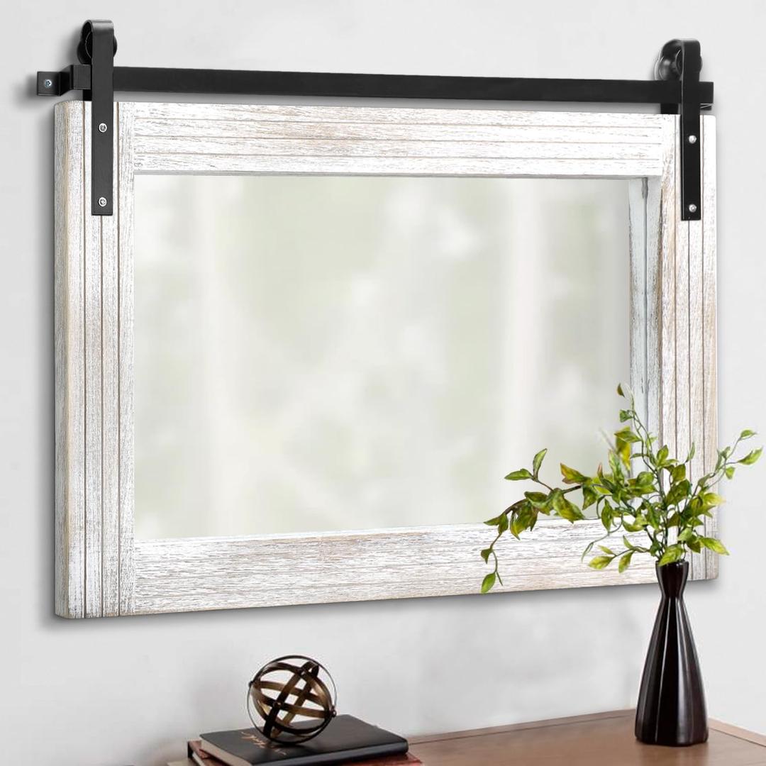AAZZKANG Large Barn Door Mirror with Wood Framed Rectangle Mirrors for Wall Bathroom Vanity Mirror Decorative for Bedroom Farmhouse Entryway Horizontal 18"x26"