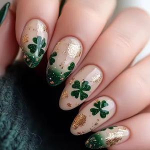 St. Patrick's Day Press on Nails - Short Almond Fake Nails Press ons with Shamrock Designs, Glossy Acrylic Nails Full Cover Glue on Nails for Women Manicure 24Pcs