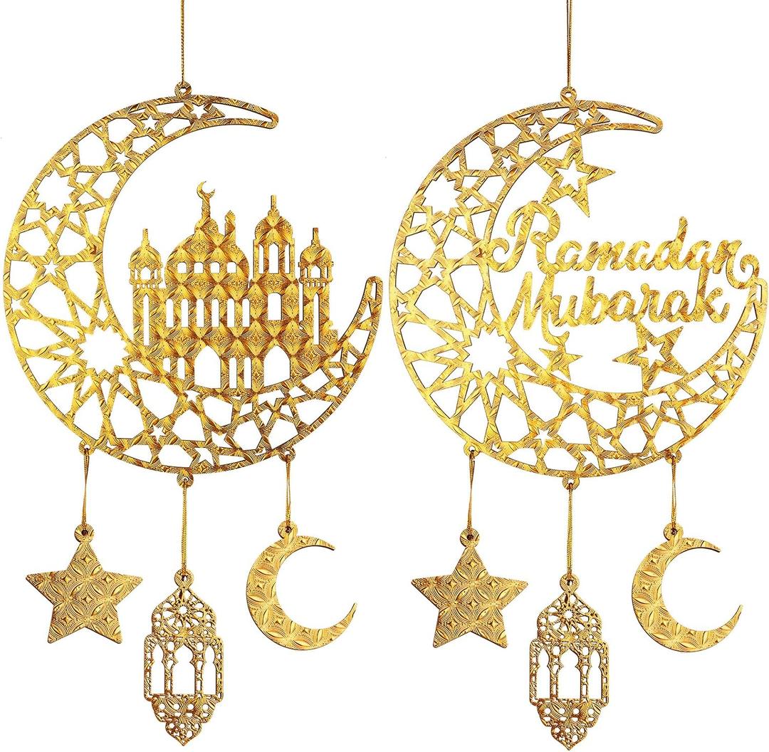 2 Pieces Eid Mubarak Door Sign Wooden Hanging Signs, Ramadan Kareem Hollow Ornament Decorations Moon and Stars, Moon Shape Ramadan Mubarak Party Wood Wall Hanger for Islamic Muslim Home Decor (Large, Gold House)