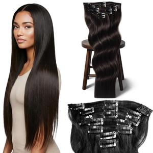 Clip in Hair Extensions Real Human Hair – 100% Indian Remy Natural Raw Human Hair Extensions, Clip ins for Women, Double Weft, Pack of 1 – 7Pcs Straight 1B Natural Black 16 Inch 70g Classic