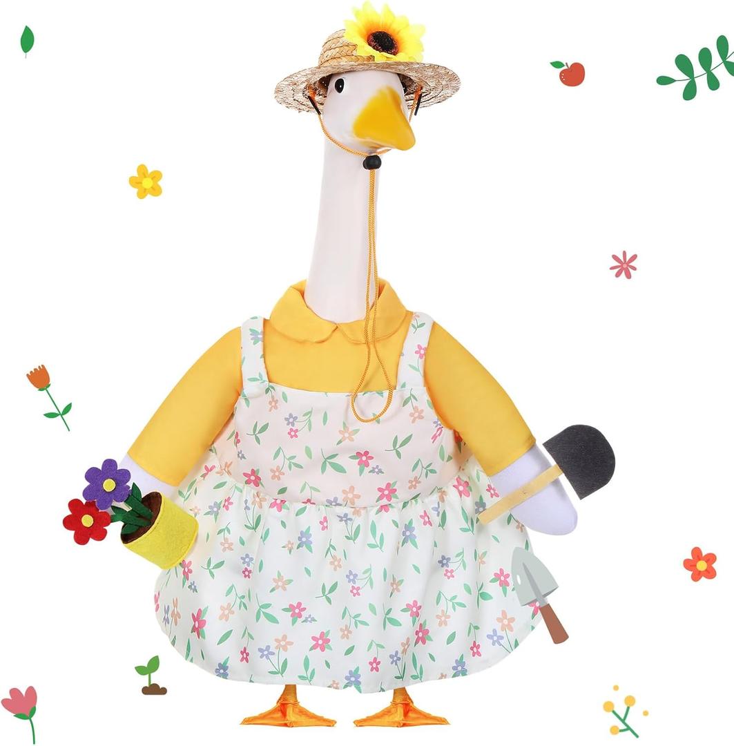 FuWeave Spring Goose Outfit Flower Porch Goose Clothes for 17" Statue Outdoor Patio Yard Lawn Art Decoration (Floral Overalls) (Yellow White)
