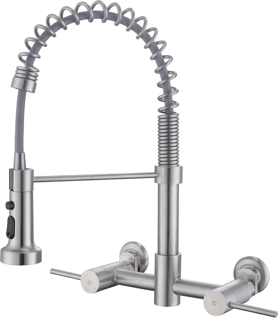 Wall Mount Kitchen Faucet, 8 Inch Center Wall Mount Kitchen Sink Faucet with Pull Down Sprayer Commercial, Brushed Nickel