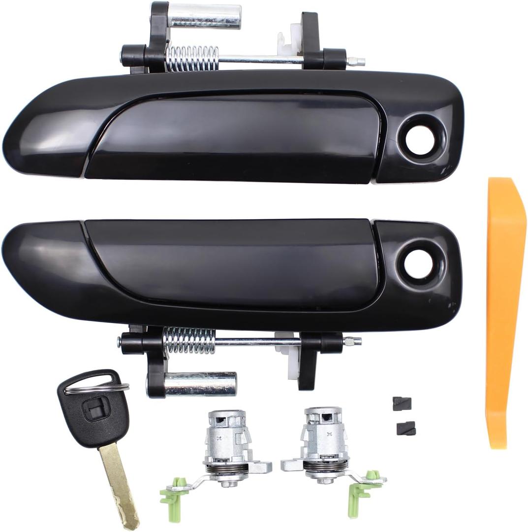 MOTOKU 2 Pair Front Black Exterior Door Handle and Door Lock Cylinders for Honda Civic 2001-2005 Outer Outside Left Driver and Right Passenger Side with Passenger Side Keyhole