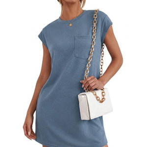 KIRUNDO Summer Dresses for Women 2026 Cap Sleeve Tshirt Dress Spring Mini Shift Sundress Loose Beach Outfits with Pockets(Dusty Blue, X-Large)