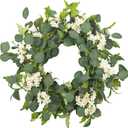 24" Spring Summer Wreaths for Front Door, Artificial Green Eucalyptus White Flower Cherry Blossom Grapevine Base for Farmhouse Porch Wedding Outdoor Indoor Year Round Home Decor
