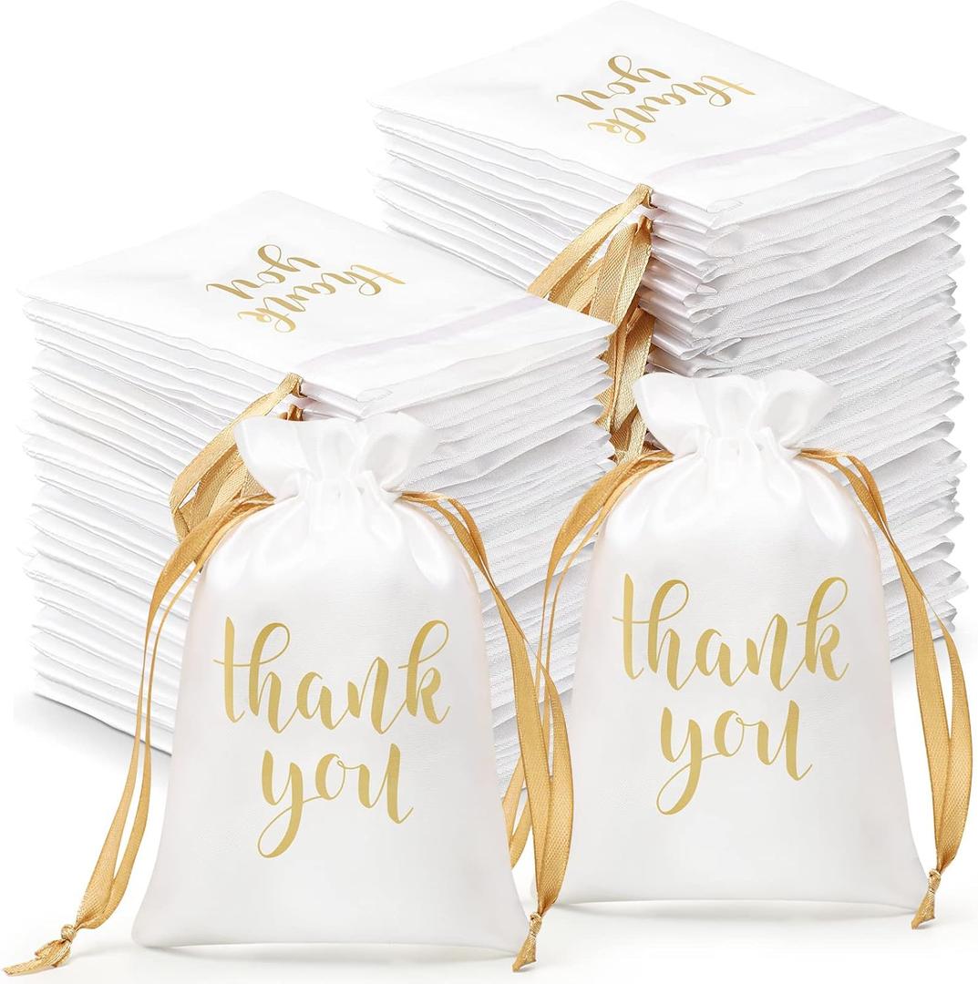Roowest 100 Pcs Thank You Satin Gift Bags Drawstring Jewelry Candy Pouches for Wedding Bridal Shower Baby Shower Favor Drawstring Bag for Birthday Holiday Party(4 x 6 Inch,White)
