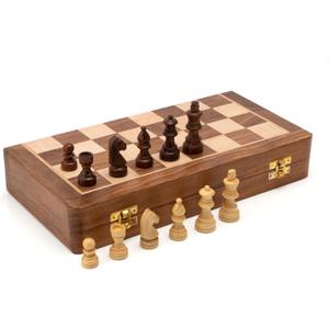 10" Wooden Folding Chess Boards, Handcrafted Portable Travel Chess Game with Pieces Storage Slots & 2 Extra Queens (10 X 10 Inches)