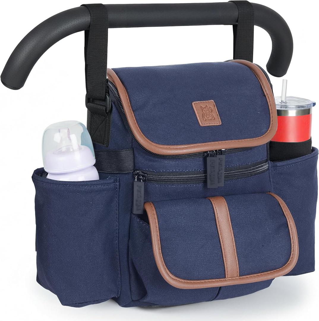 NT·hut Baby Stroller Organizer, Stroller Caddy , 2 Wide Cup Holders & Stability Bottle Straps, Adjustable Shoulder Strap, Fits 11" Tablet, Magnetic Pocket, YKK Zippers & Mesh Pockets, Waterproof