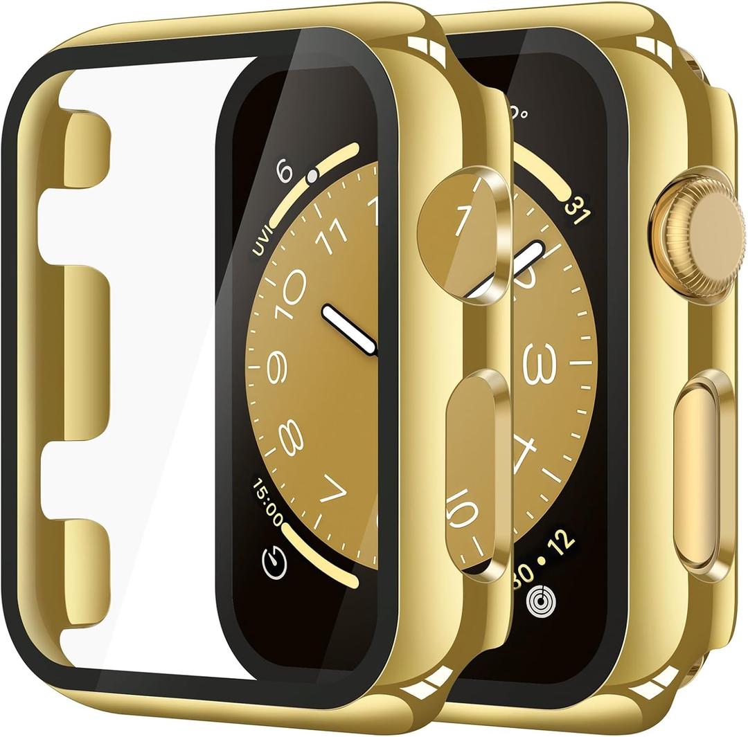 Misxi 2 Pack Tempered Glass Case Compatible for Apple Watch Series 3 Series 2 38mm, Hard PC Screen Protector Overall Protection Scratch-Resistant Cover for iWatch, 1 Glossy Gold + 1 Transparent