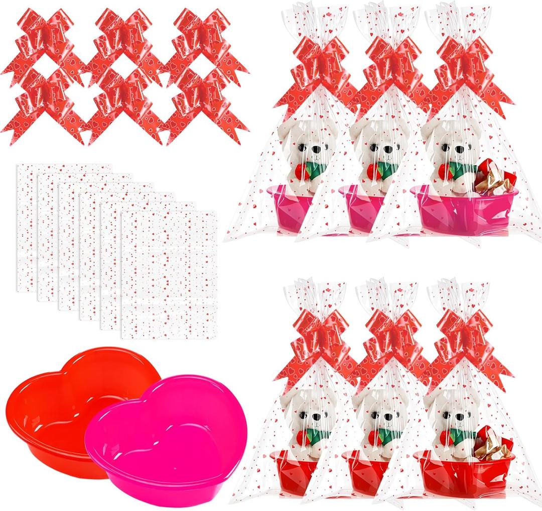 Threehoney 6 Set Valentines Day Heart Basket Plastic Empty Gifts Baskets with Cellophane Bags and Pull Bows Ribbons for Valentine Gift Filling (Red, Pink)
