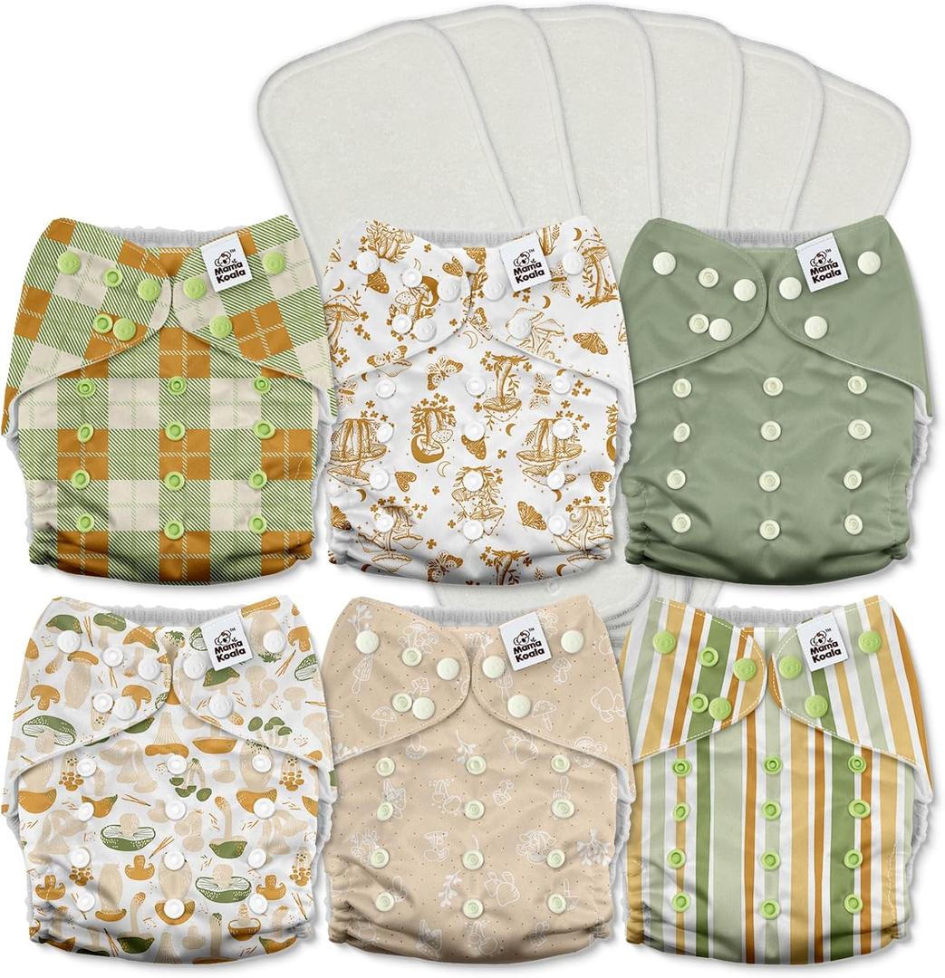 Mama Koala 3.0 Pocket Cloth Diapers for Babies with AWJ Lining, 6 Pack with 6 5-Layer Natural Cloth Diaper Inserts - Reusable and Washable Pocket Diapers(A-Mushrooms), One Size