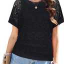 Women Crochet Sweater Cap Short Sleeve Summer Sweatwers Hollow Out See Through Knit Tops (Black, XL)