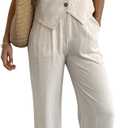 Women's 2 Piece Outfits Linen Vest Waistcoat Dressy Casual Sets Wide Leg Pants Suits Size L
