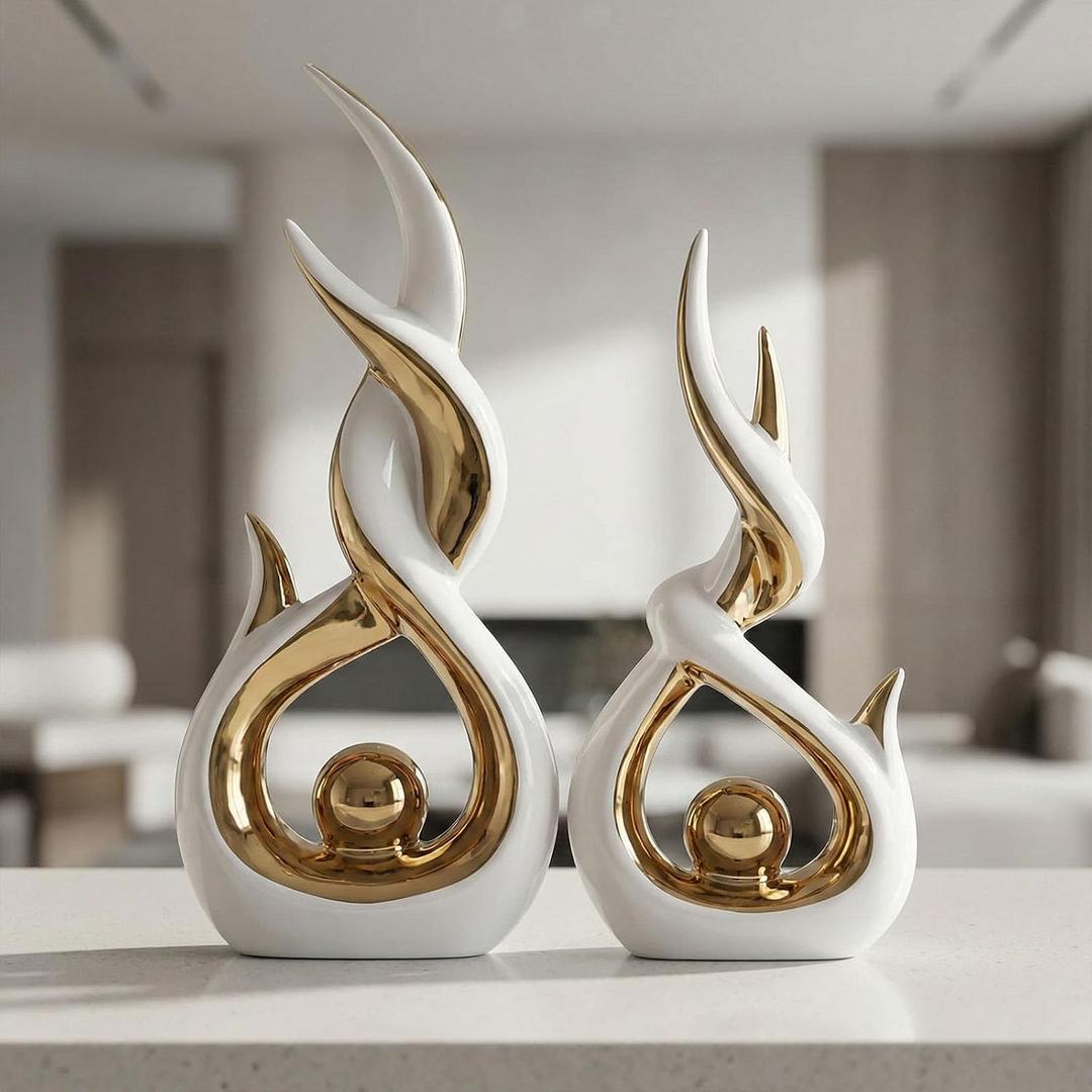 LCCCK White and Gold Abstract Ceramic Sculpture Set of 2 Modern Electroplated Figurines Decorative Statues for Living Room Shelf Mantel Tabletop Home Decor Housewarming Gift