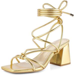 Shoe'N Tale Lace Up Heels for Women Ankle Strappy Gladiator High Heeled Sandals Chunky Block Heel Square Open Toe Criss Cross Dress Shoes(8, Gold)