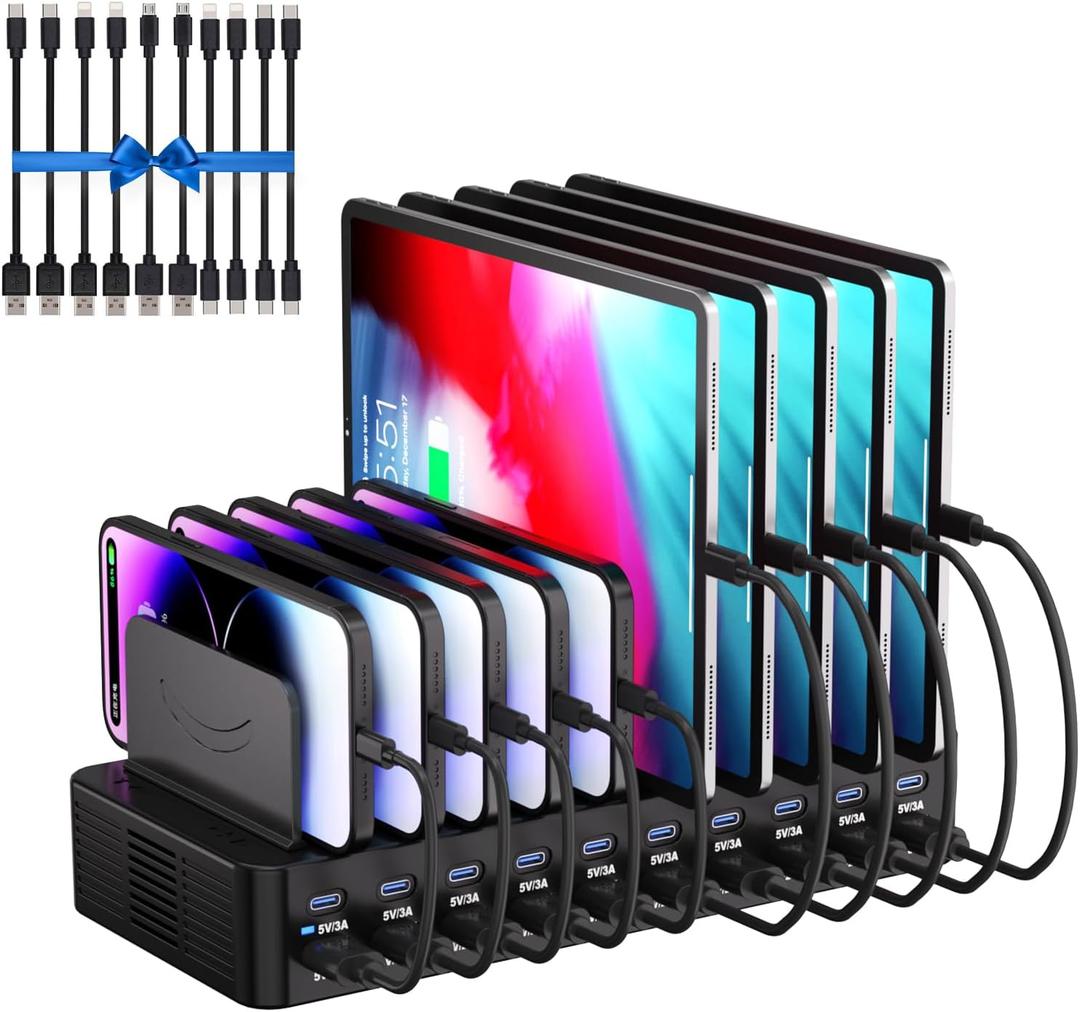 270W Charging Station for Multiple Devices, 20-Port USB Fast Charging Station with Adjustable Dividers & 10 Cables, Multi Device Organizer Charging Dock for iPhone, iPad, Tablets & More(Black)