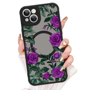 AIGOMARA for iPhone 15 Pro Case, Compatible with MagSafe, Cute Rose Flower Pattern with Semi-Transparent Frosted Phone Case for Woman Gilrs Soft TPU and PC Back Protective Slim Phone Cover Purple