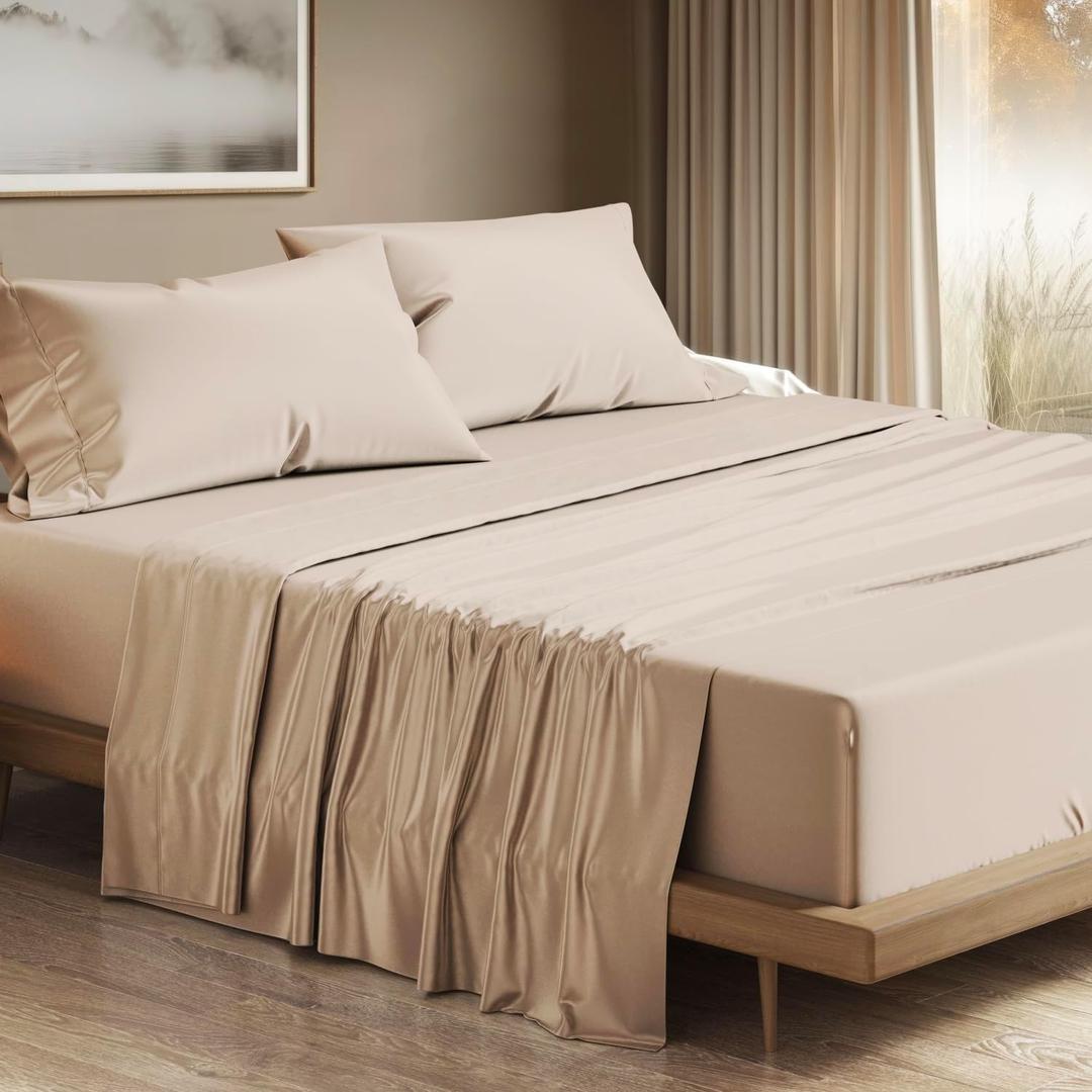 THREAD SPREAD 100% Egyptian Cotton King Size Sheets Set - Luxury 1200 Series Plush Collection Egyptian Cotton Sheets King Size (4 PC, Taupe), Silky Soft, Cooling, 17" Deep Pocket Bed Set