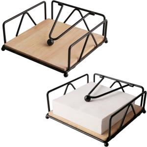 2 Pack Napkin Holder for Table, Wooden Napkin Holder with Weighted Arm, Black Metal Square Napkin Holder, Flat Napkin Holder for Kitchen Countertop & Farmhouse Decor, 7.1x7x2.4"