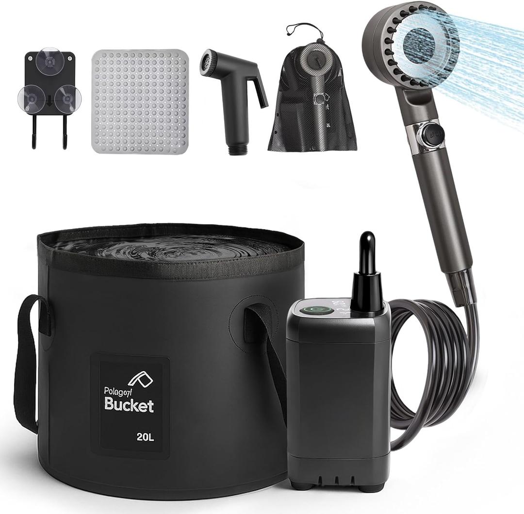 Rechargeable Camping Shower Pump, 9000mAh Portable Shower for Camping, 4 Sprayer Modes Electric Outdoor Shower Head IPX7 Waterproof USB Battery Powered Kit with 5 Gallon Bucket&Foot Pad