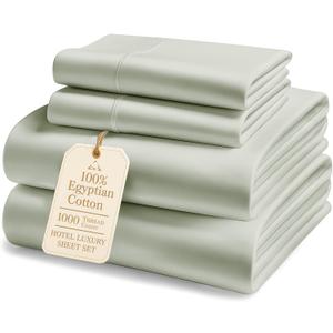 100% Egyptian Cotton Queen Bed Sheet Set 1000 Thread Count 4 Piece Queen Sheets Set, Breathable & Fade Resistant, Silky Sateen Weave, Ultra-Soft Hotel Luxury Bedding with 15" Deep Pocket - Mineral
