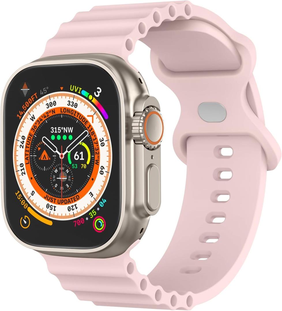 Silicone Ocean Bands Compatible with Apple Watch Band Ultra 49mm 46mm 45mm 44mm 41mm 38mm 40mm 42mm for Women Men, Sport Ocean Loop Wristband for iWatch Ultra 2 SE 2 Series 10 9 8 7 6 5 4 (Light Pink)