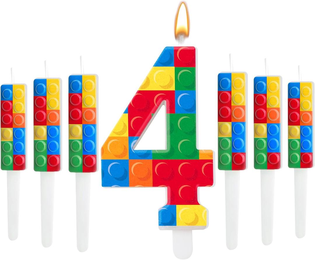 7 Pcs Building Block Themed Birthday Candles Set Building Blocks Number 4 Candle Cake Topper for Building Block Party Decoration Supplies (Number 4) (Multicolor)