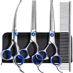 Gimars Professional 5 in 1 Grooming Scissors for Dogs 4CR with Safety Round Tip, Heavy Duty Titanium Coated Straight & Thinning & Curved Shears