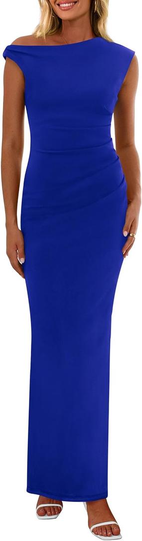 PRETTYGARDEN Women's 2026 Summer Formal Maxi Dresses Sleeveless One Shoulder Bodycon Ruched Mesh Wedding Guest Cocktail Dress (Blue, XL)