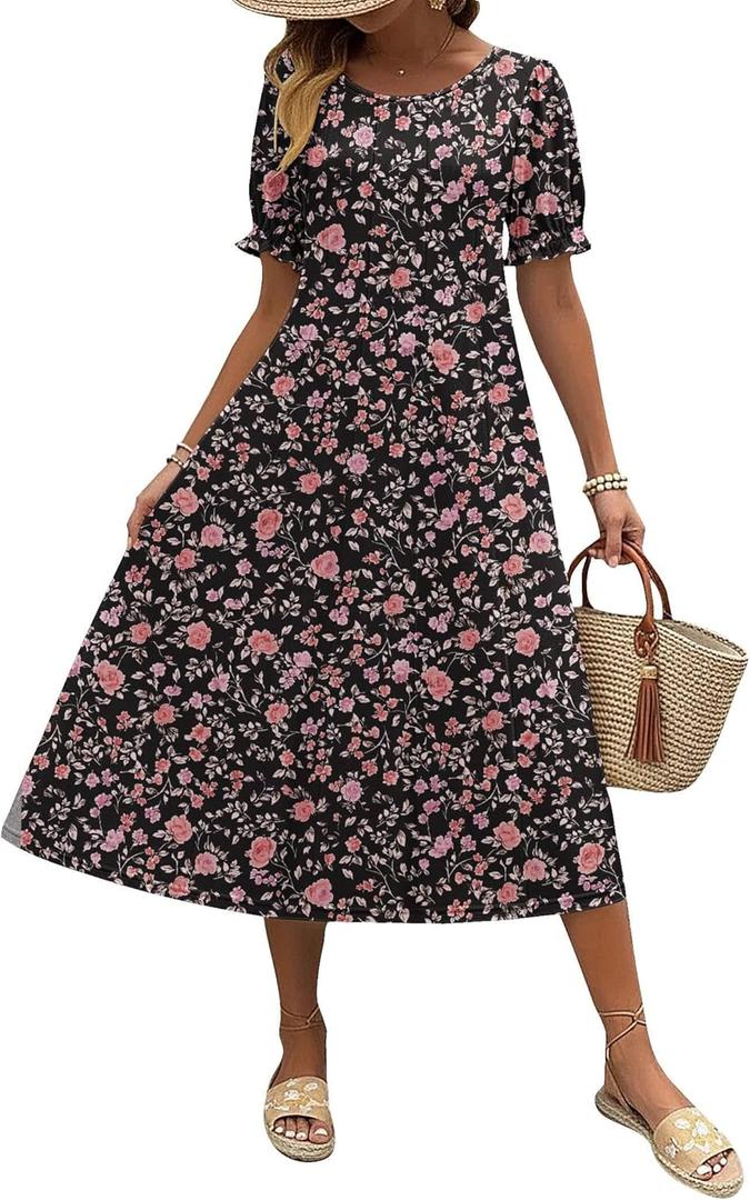Zeagoo Womens Summer Dress Casual Midi Dresses 2026 Short Puff Sleeve Flare Dress Pleated Flowy Sundress with Pockets (X-Large, Black Floral 02)
