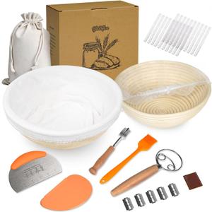 Sourdough Bread Baking Kit with 2 Pack 9" Round Banneton Proofing Baskets, Bread Baking Supplies with Cotton Liner, 430 Scraper, 304 Lame, Dough Whisk, Sourdough Starter Kit Gift