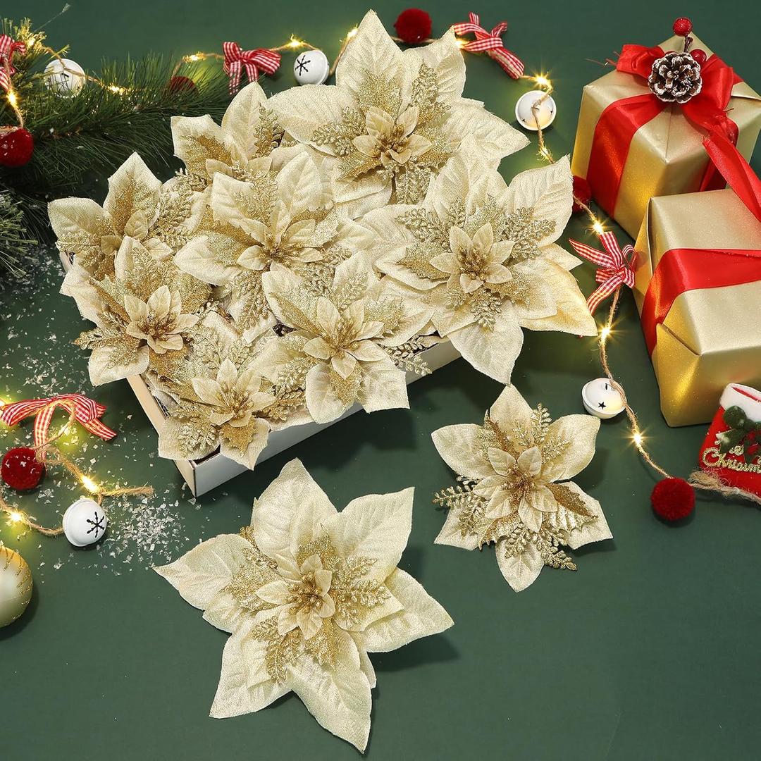 Poinsettia Christmas Flowers Artificial, Glitter Christmas Flower with Clip&Stick for Xmas Tree Decor or Party Wreath Fireplace, 24 Pcs 6"&9" Large Size Boxed Ornaments, Gold