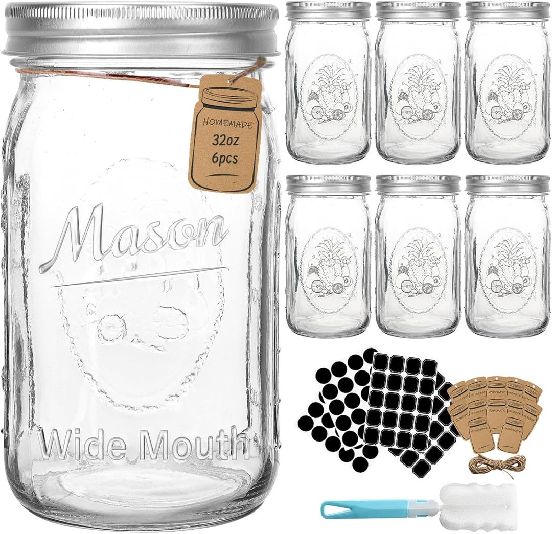 CycleMore 32oz Mason Jars, 6 Pack Large Glass Mason Jar with Metal Airtight Lids and Bands, Wide Mouth Glass Jars, 1 Quart Canning Jars for Pickling, Fermenting, Food Storage & DIY Projects