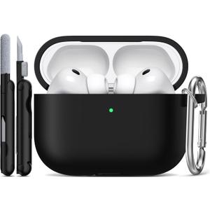 R-fun for AirPods Pro 3 Case (2025), Soft Silicone Protective Case Cover Compatible with Apple AirPods Pro 3rd Generation (USB-C Cable) for Women Men with Cleaning Kit and Keychain, Black