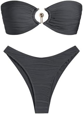ZAFUL Womens Bandeau Bikini Set Metallic Sparkly O Ring Lace Up Tie Side High Cut Tanga Sexy Bathing Suit Swimwear, L