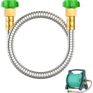 Short Metal Garden Hose 3 ft with Female to Female Connector， Stainless Steel Small Leader Hose for Hose Reel, Long, Flexible, Lightweight & Heavy Duty Water Pipe, Outdoor Water Hose Extension Adapter