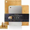 Bamboo Cutting Board Set with Stand - Small Cutting Boards for Kitchen & 316 Stainless Steel Defrosting Tray, 3-Piece Prep Station with Juice Grooves, Sturdy Heat Resistant Trivet for Hot Pans
