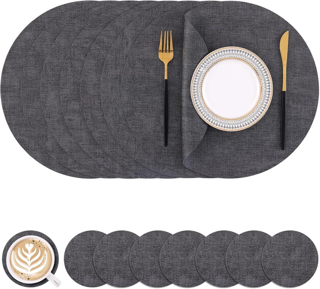 Homaxy Round Faux Leather Placemats and Coasters, Washable Dual-Side Table Mats, Wipeable Heat-Resistant Dining Place Mats for Outdoor and Indoor, Set of 8, Diameter 13 and 3.93 inch, Dark Grey